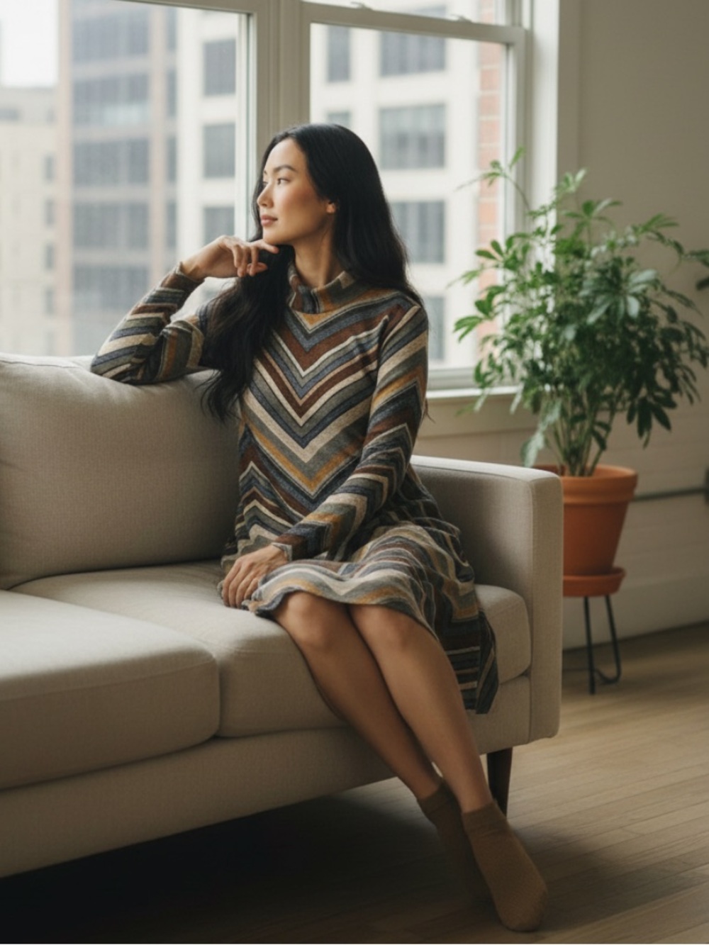 Rabbit, Rabbit, Rabbit Chevron Turtleneck Shift Dress in Blue, Brown & Mustard
